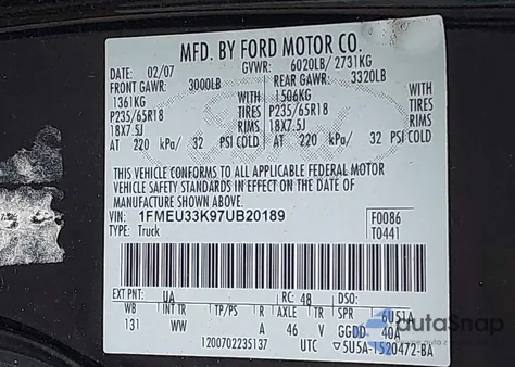 2007 Ford Explorer Sport Trac Limited z USA, uszkodzony, nr VIN 1FMEU33K97UB20189